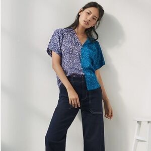 ANTHROPOLIGIE TINY POSTCARD CONTRAST COLOR BUTTON DOWN TOP SIZE SMALL